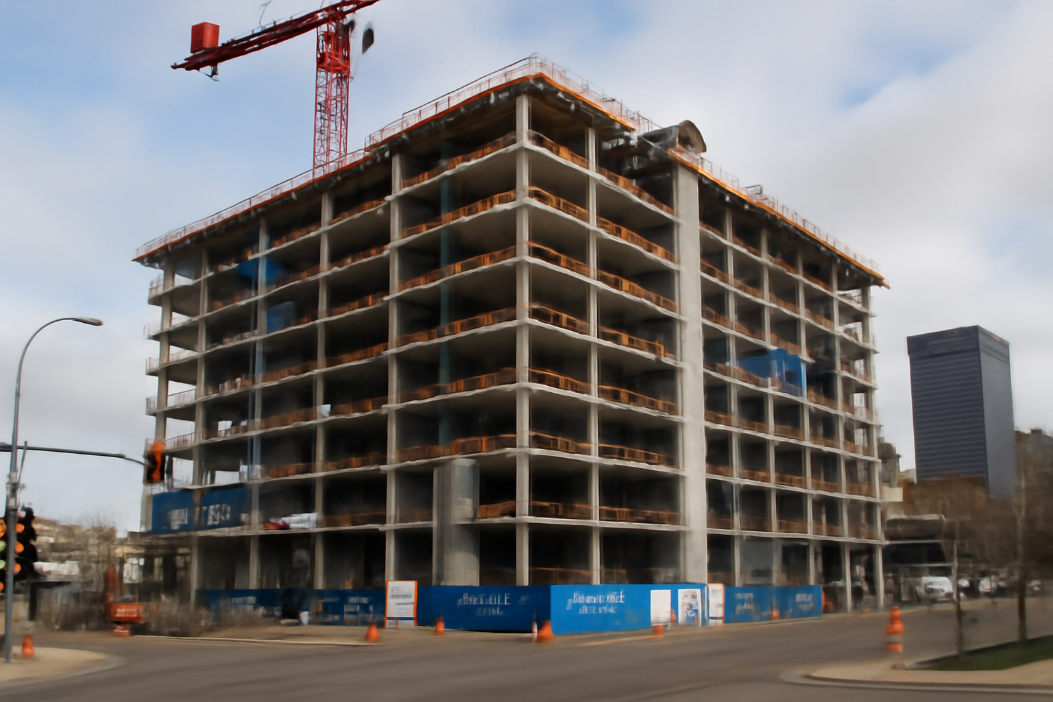 I want to see a large commercial construction project that is about 34 finished Make it very realistic in Edmonton