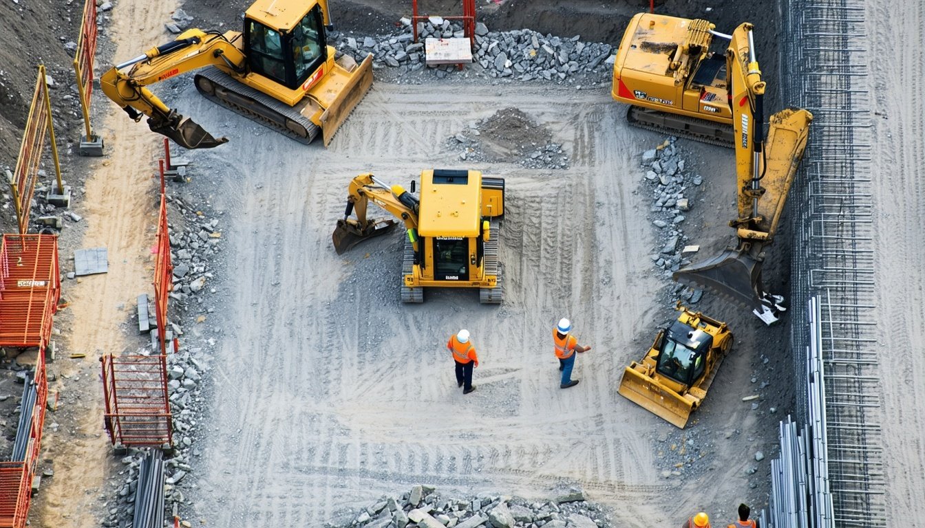 Aerial drone view of a construction site with equipment and workers