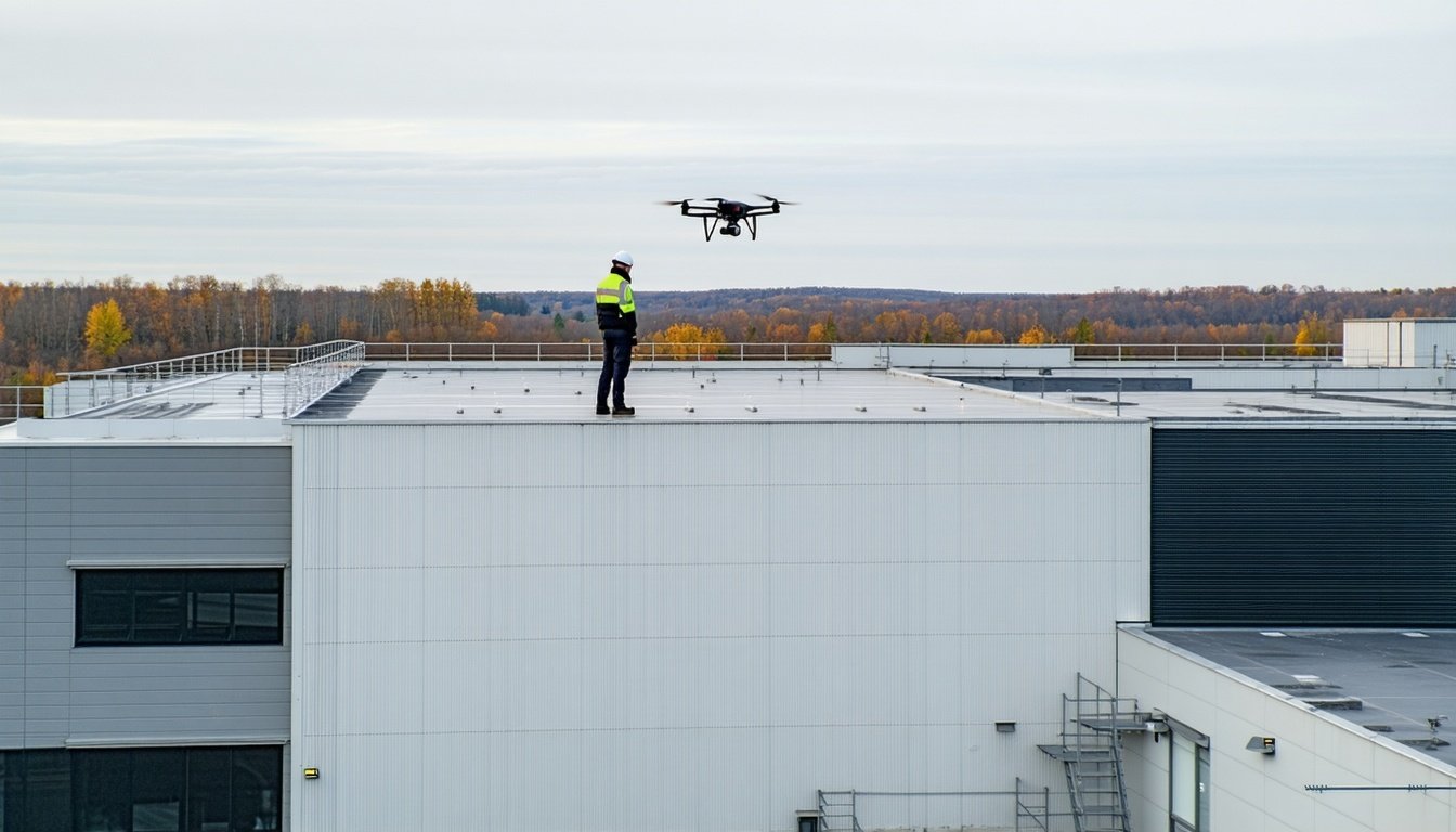 Drone inspecting a commercial building’s rooftop for maintenance