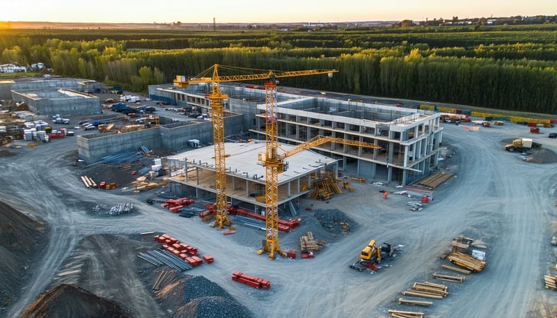 A drone capturing aerial footage of a construction site for business monitoring and inspections A drone capturing aerial footage of a construction site for business monitoring and inspections