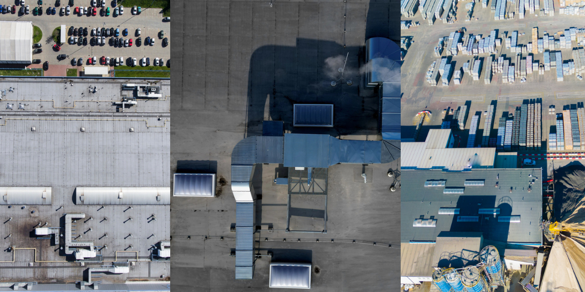 Drone aerial view of large industrial flat roof used for inspection and condition assessment